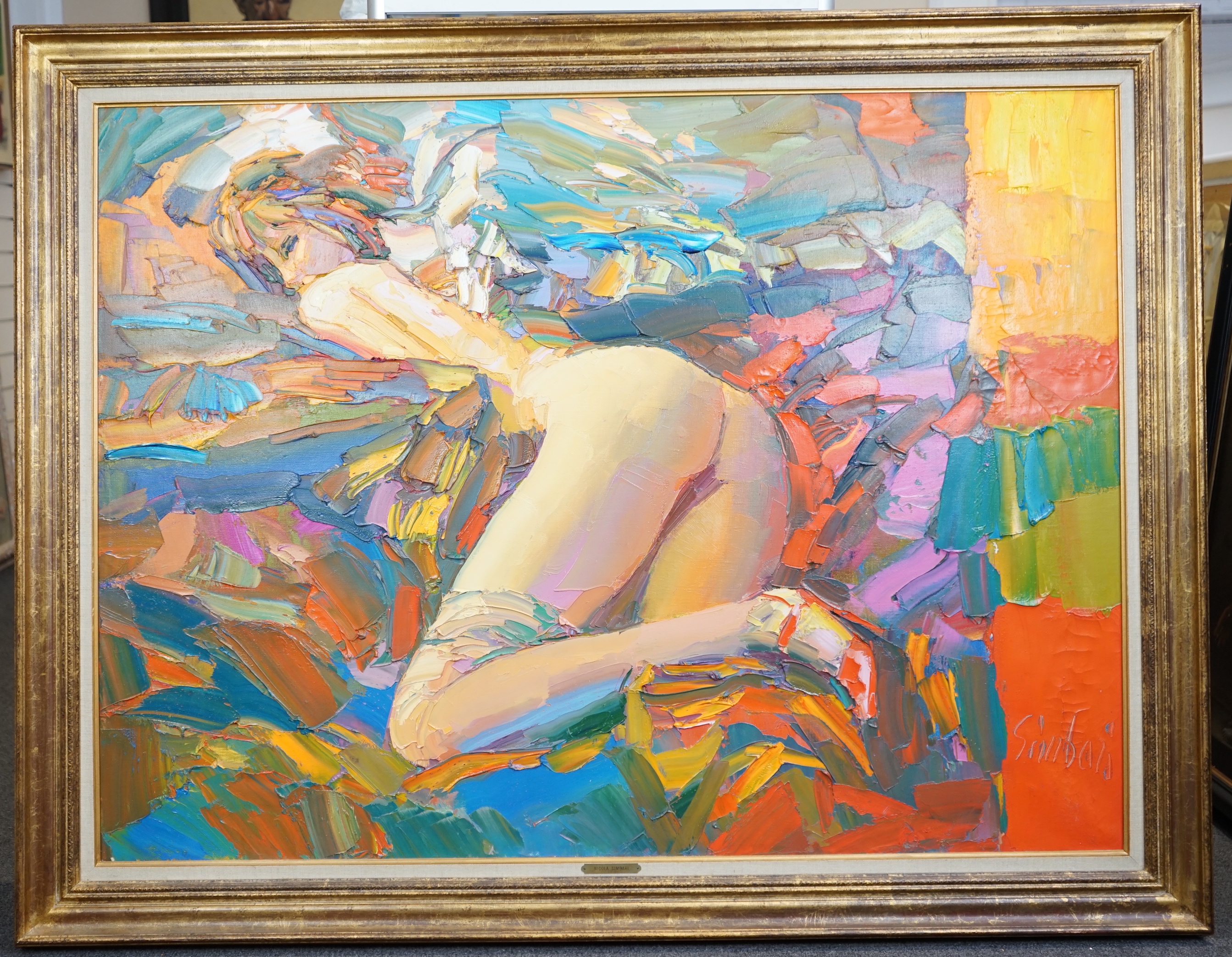 Nicola Simbari (Italian, 1927-2012), oil on canvas, 'Pagazza Che Dorme', signed, 96 x 129cm. Condition - good